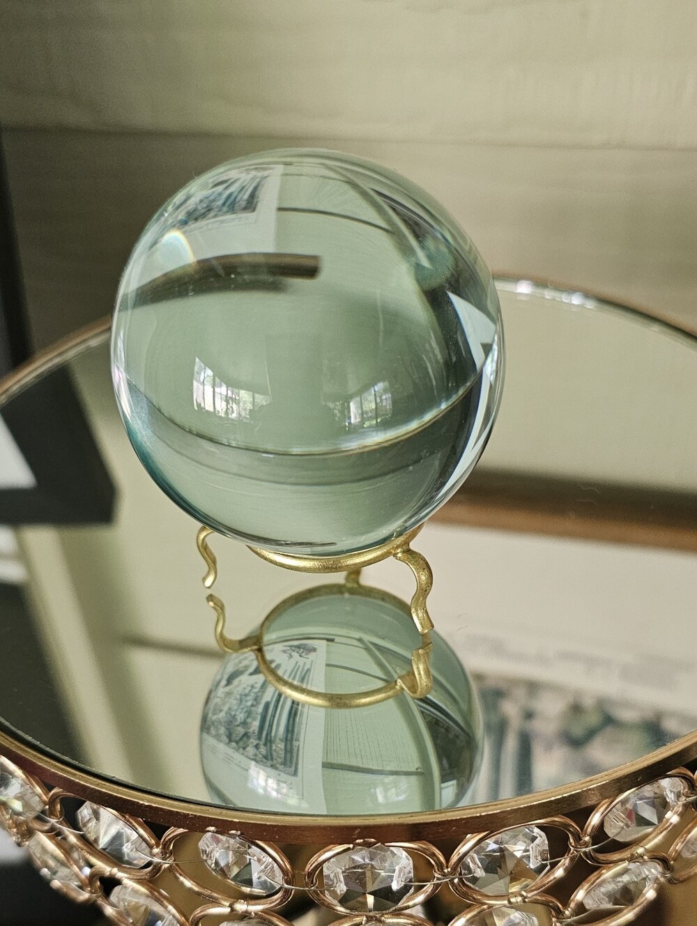 Subtle Smoky Green Scrying (80mm) Crystal Ball w/Gold Stand - Picture 2 of 4